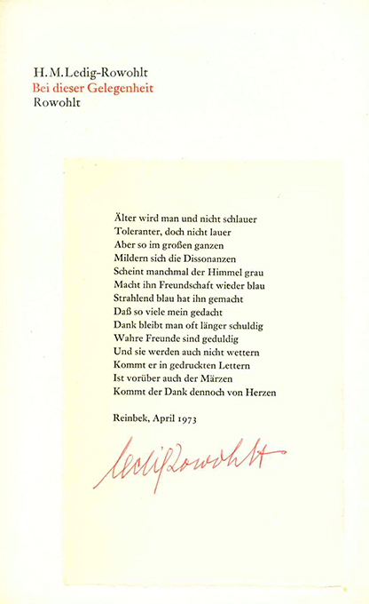 Ledig-Rowohlt, Bei dieser Gelegenheit (sign. Gedicht)