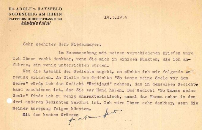 Hatzfeld, Maschinenschr. Brief