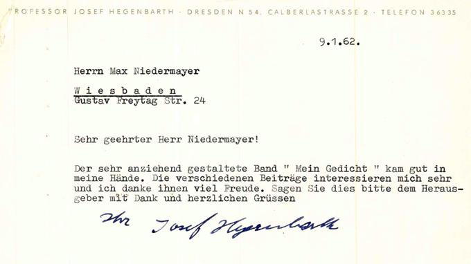 Hegenbarth, Maschinenschr. Brief
